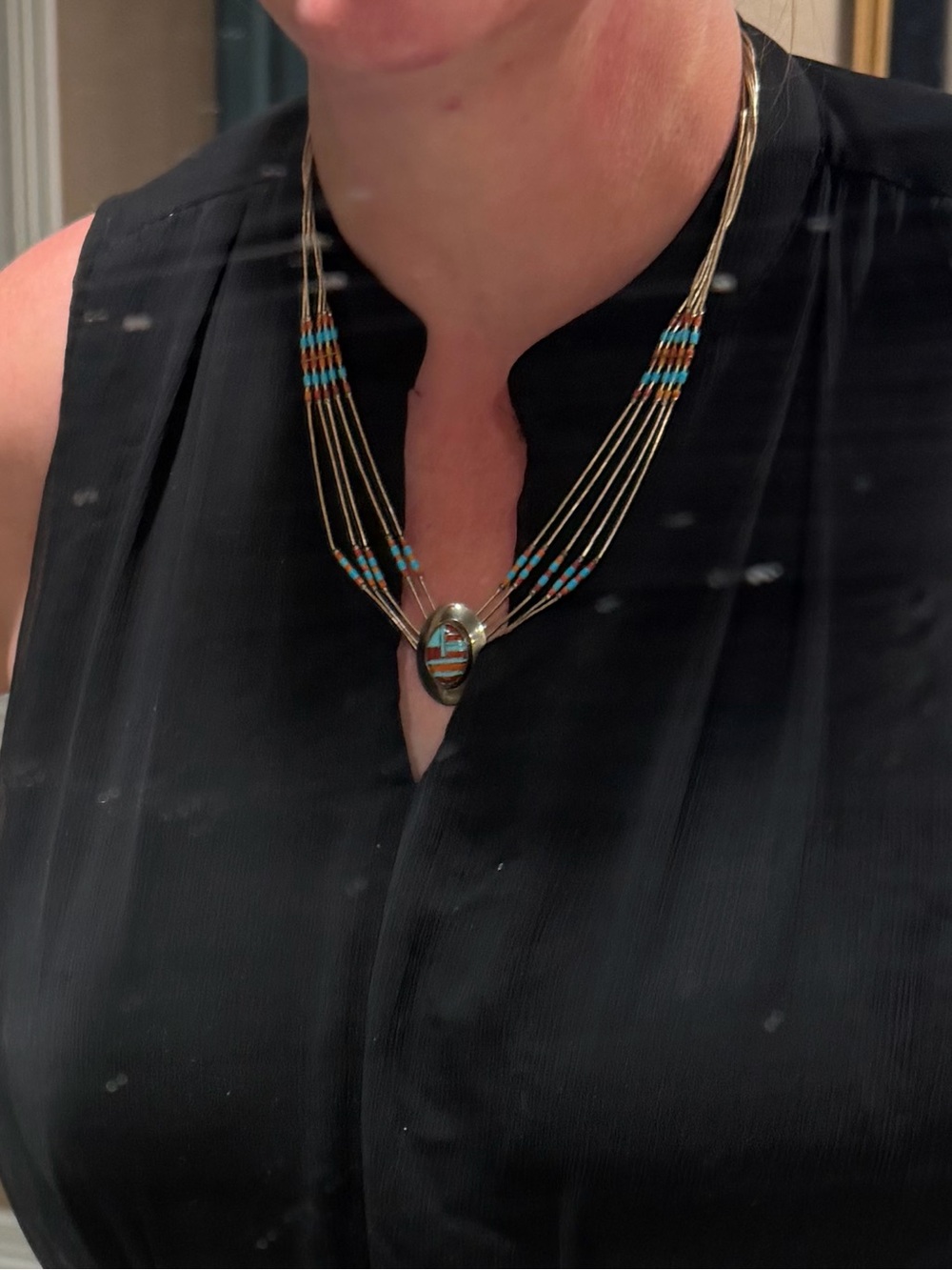 Handcrafted Inlay Pendant Necklace with Turquoise and Orange Accents - Picture 6 of 6
